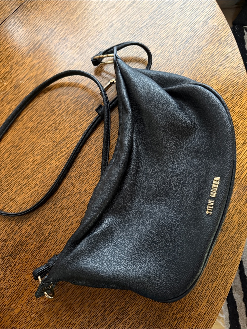 Steve Madden Black Pebbled Leather Shoulder Bag with Gold Logo